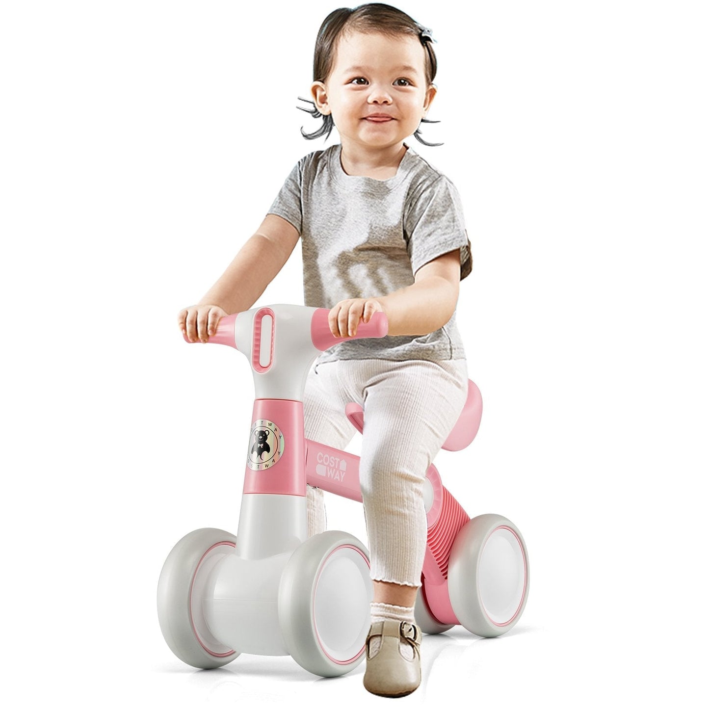 Cute Baby Balance Bike 4 Wheels with Steering Handlebars No Pedal-Pink