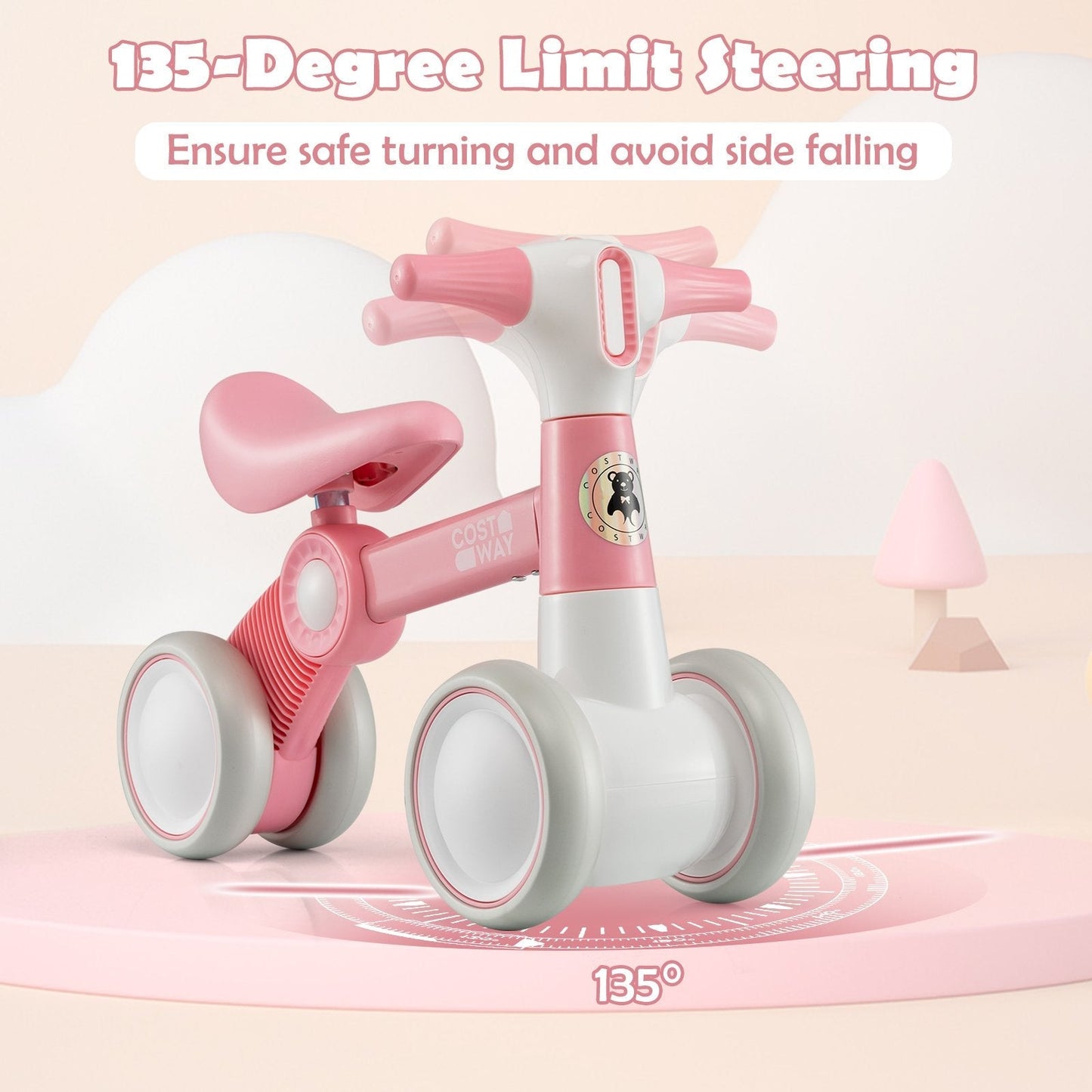 Cute Baby Balance Bike 4 Wheels with Steering Handlebars No Pedal-Pink