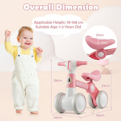 Cute Baby Balance Bike 4 Wheels with Steering Handlebars No Pedal-Pink