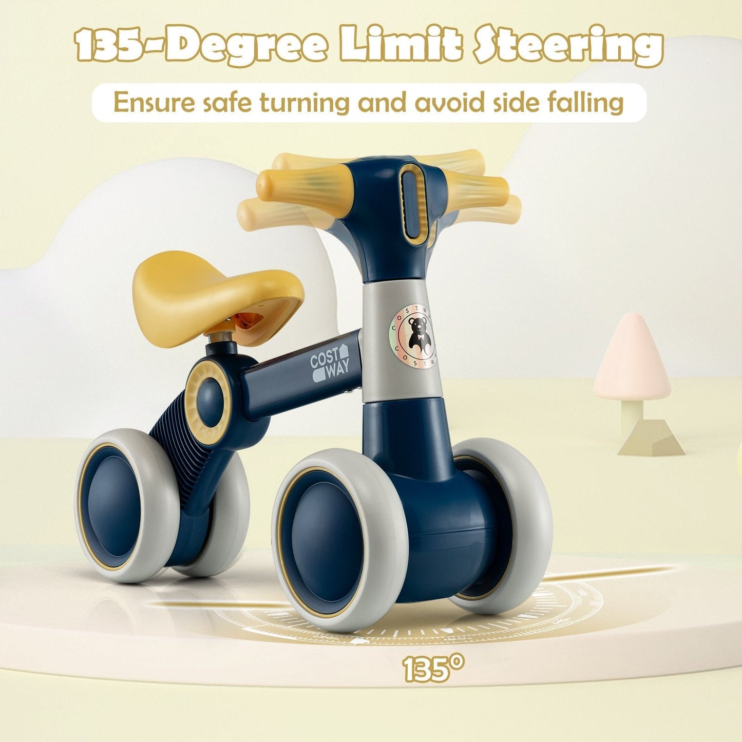 Cute Baby Balance Bike 4 Wheels with Steering Handlebars No Pedal-Yellow