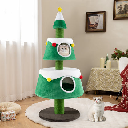 Cute Cat Tower Christmas Cat Tree for Indoor Cats with  2 Condos-Green