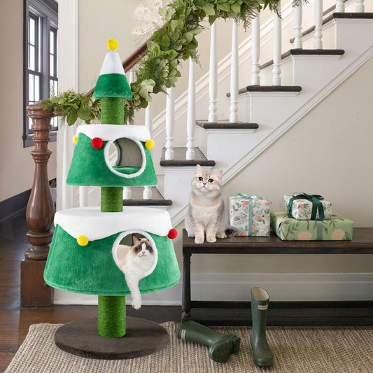 Cute Cat Tower Christmas Cat Tree for Indoor Cats with  2 Condos-Green