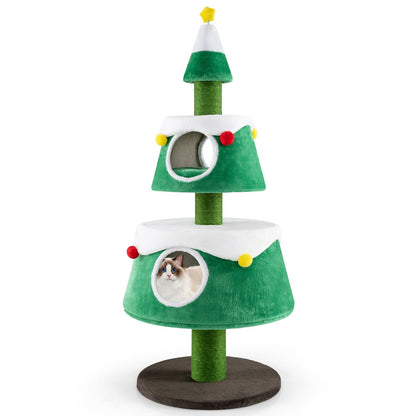Cute Cat Tower Christmas Cat Tree for Indoor Cats with  2 Condos-Green