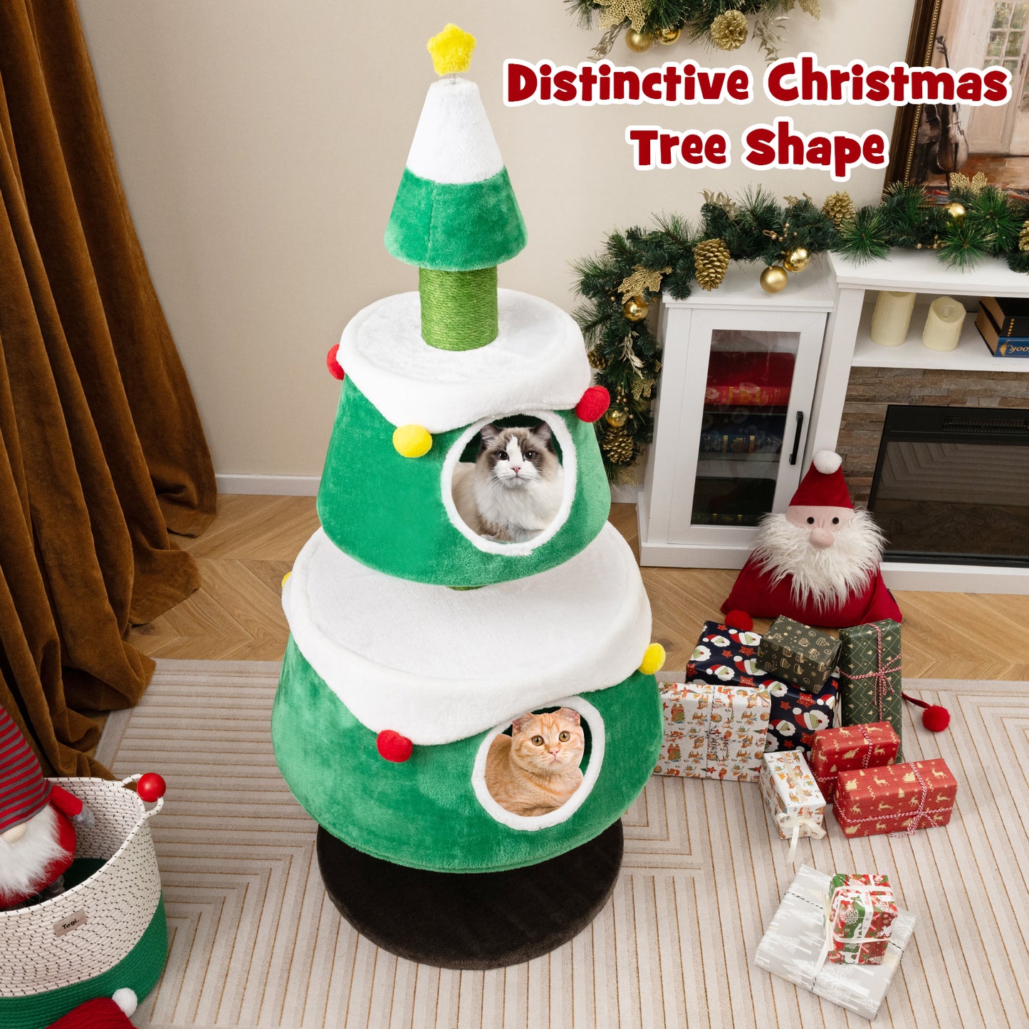 Cute Cat Tower Christmas Cat Tree for Indoor Cats with  2 Condos-Green
