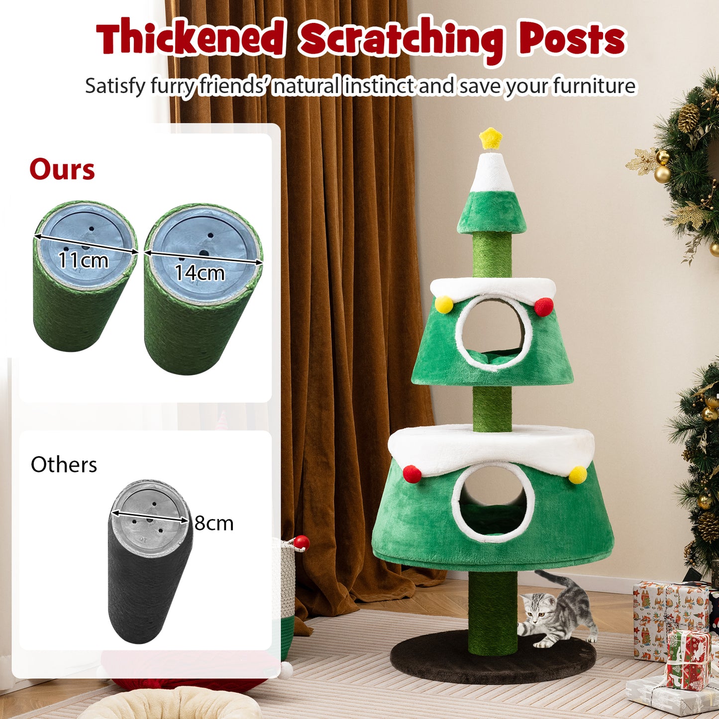 Cute Cat Tower Christmas Cat Tree for Indoor Cats with  2 Condos-Green