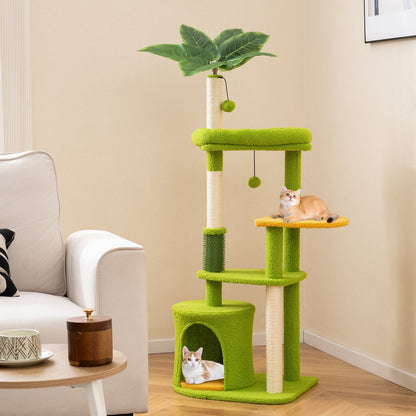 Cute Cat Tree for Adult Cats Multi-level Kitty Tower with Artificial Leaves-Green