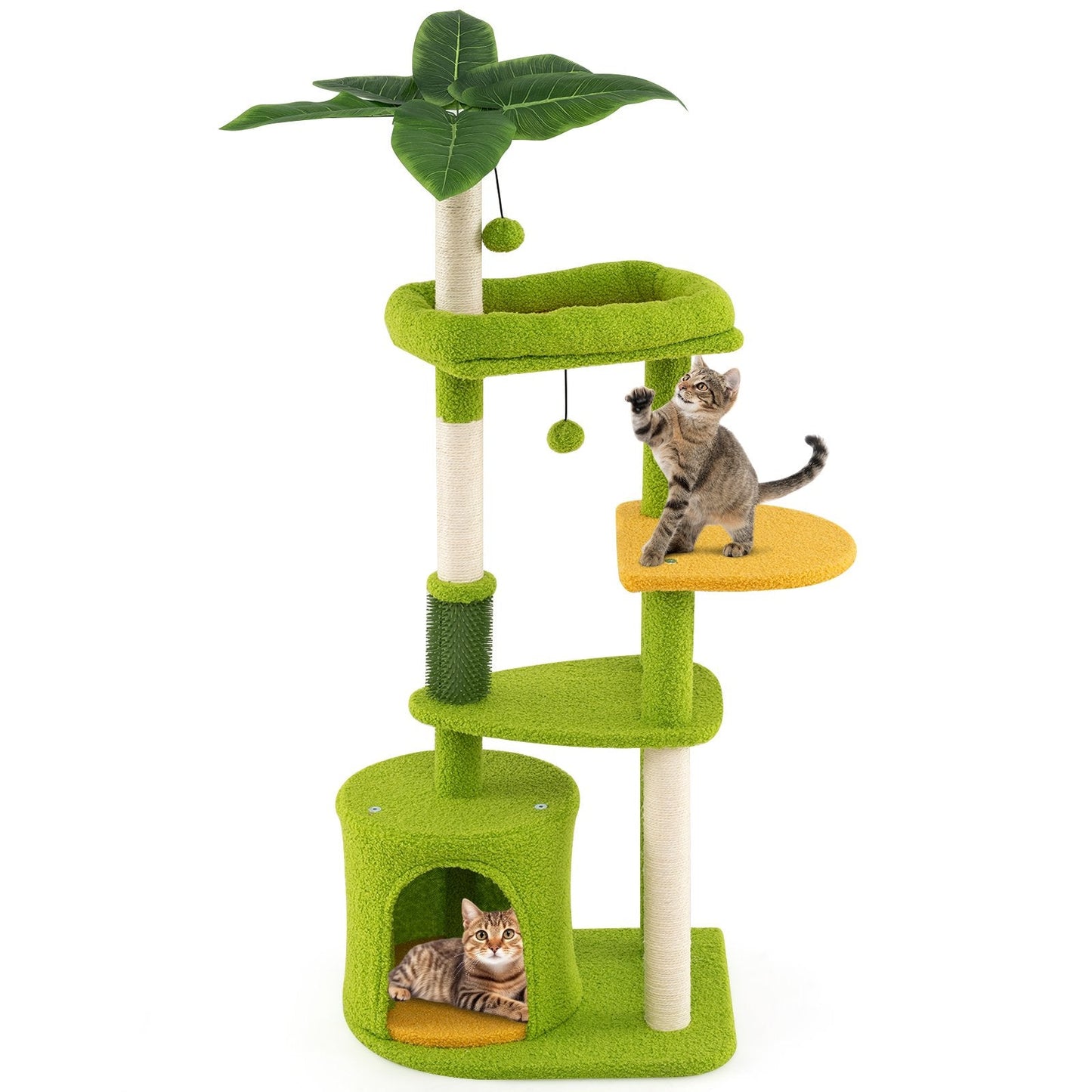Cute Cat Tree for Adult Cats Multi-level Kitty Tower with Artificial Leaves-Green