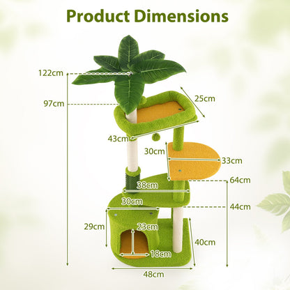 Cute Cat Tree for Adult Cats Multi-level Kitty Tower with Artificial Leaves-Green