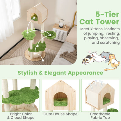 Wooden Cat Tree with Sisal Scratching Posts-Green
