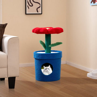 Cute Cat Tree for Indoor Cats with Flower Padded Perch and Planter Condo-Red