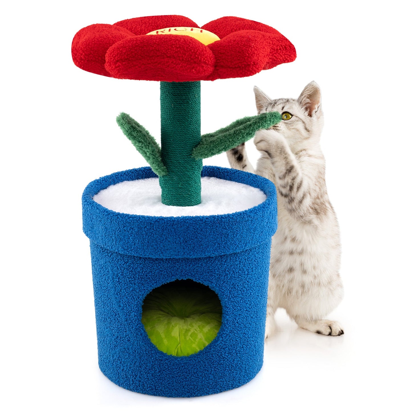 Cute Cat Tree for Indoor Cats with Flower Padded Perch and Planter Condo-Red