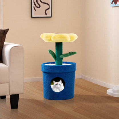 Cute Cat Tree for Indoor Cats with Flower Padded Perch and Planter Condo-Yellow