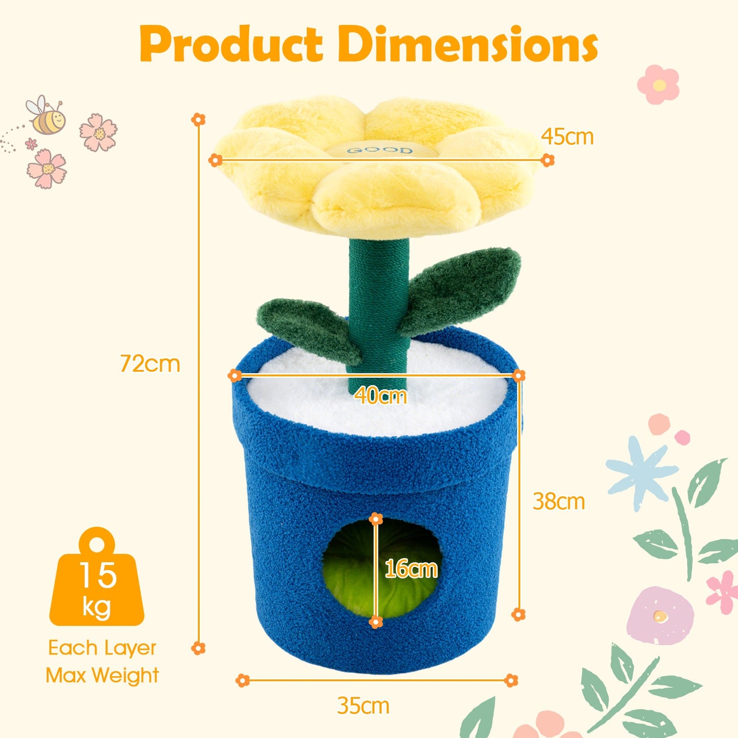 Cute Cat Tree for Indoor Cats with Flower Padded Perch and Planter Condo-Yellow