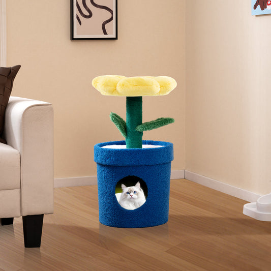 Cute Cat Tree for Indoor Cats with Flower Padded Perch and Planter Condo-Yellow
