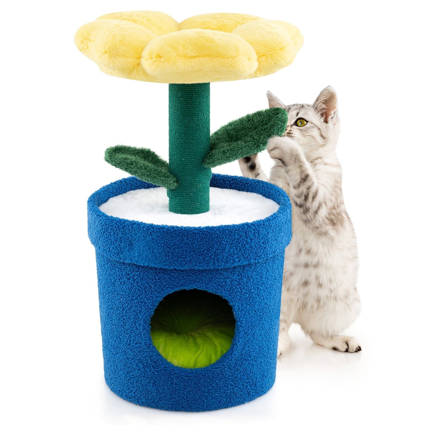 Cute Cat Tree for Indoor Cats with Flower Padded Perch and Planter Condo-Yellow