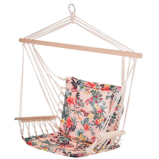 Outsunny Garden Outdoor Hanging Hammock Chair Thick Rope Frame Wooden Arms Safe Wide Seat Garden Outdoor Spot Stylish Multicoloured floral