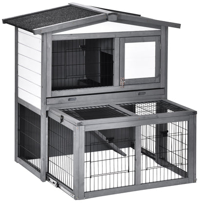 PawHut 2 Tier Wooden Rabbit Hutch Guinea Pig Hutch Small Animal Cage Slide Out Tray Ramp Outdoor Run Openable Roof Grey 101.5 x 90 x 100 cm