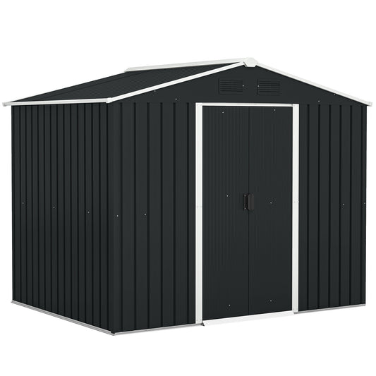 Outsunny 7.7 x 5.7ft Metal Garden Shed, Galvanised Outdoor Tool Storage House with Ventilation Slots and Sliding Doors, Grey