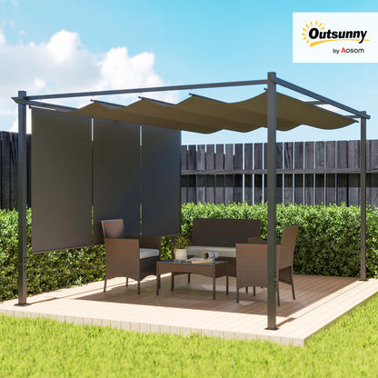 Outsunny 3 x 4m Metalowa pergola z chowanym dachem i roletą, montowana na ścianie lub wolnostojąca ogrodowa altana z baldachimem, UPF30+ zewnętrzna osłona przeciwsłoneczna, szara