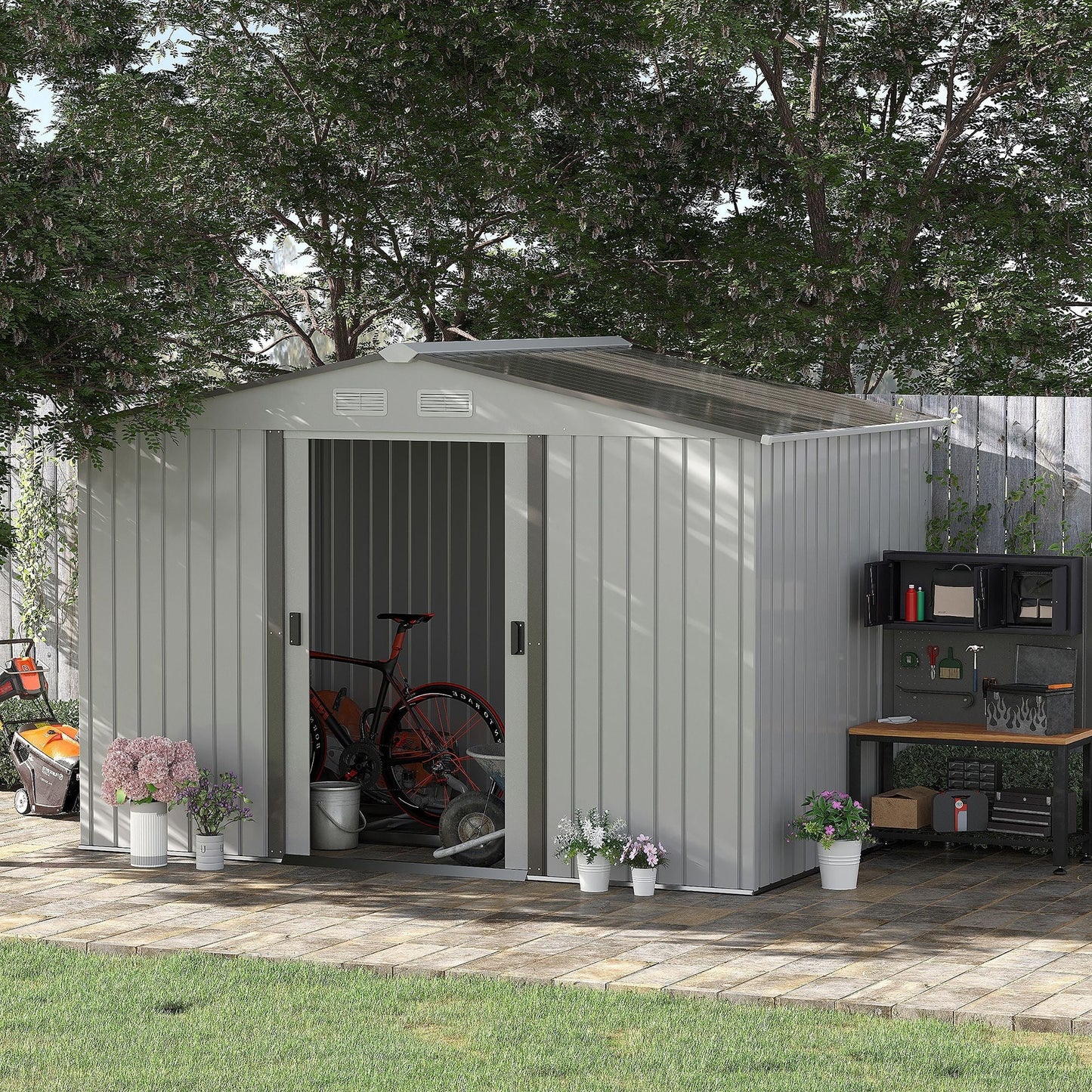 Outsunny 9 x 6FT Garden Storage Shed, Metal Outdoor Storage Shed House with Floor Foundation, Ventilation & Doors, Grey