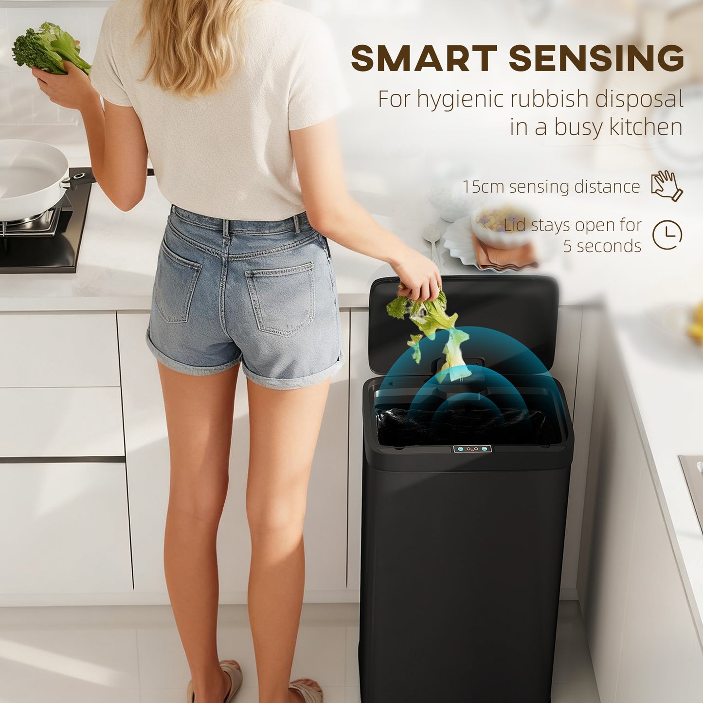 HOMCOM 45L Kitchen Sensor Bin - Black
