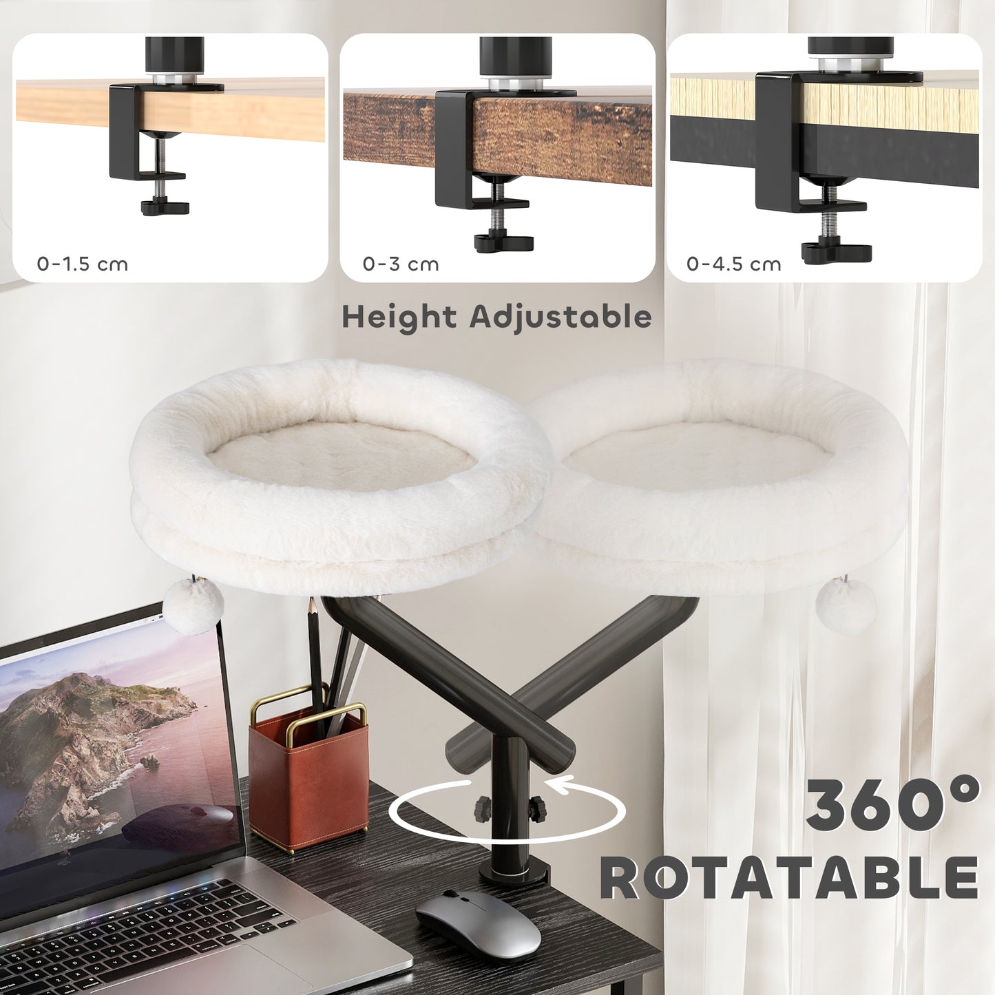 PawHut Cat Desk Bed, Cat Hammock 360Â° Rotatable Adjustable for Window, Table, Work, Cream White