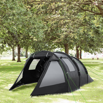 Outsunny 3-4 Man Tunnel Tent, Two Room Camping Tent with Windows and Covers, Portable Carry Bag, for Fishing, Hiking, Sports, Festival - Black