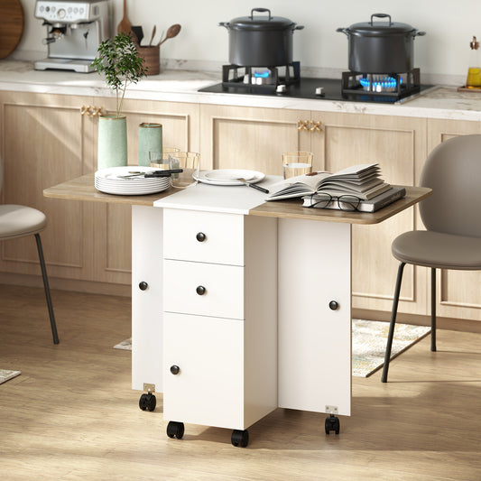 HOMCOM Multi-Storage Six-Person Drop Leaf Dining Table -  Oak and White