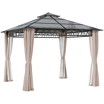 Outsunny 3 x 3 (m) Outdoor Polycarbonate Gazebo, Double Roof Hard Top Gazebo with Galvanised Steel Frame, Nettings & Curtains for Garden, Lawn, Patio and Deck