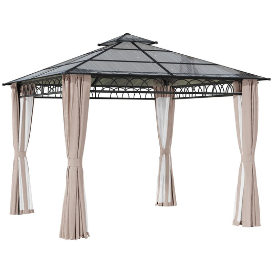 Outsunny 3 x 3 (m) Outdoor Polycarbonate Gazebo, Double Roof Hard Top Gazebo with Galvanised Steel Frame, Nettings & Curtains for Garden, Lawn, Patio and Deck