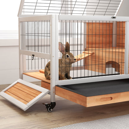 PawHut Wooden Guinea Pig Hutch, 2-Floor Bunny Cage w/ Enclosed Run Area, Yellow