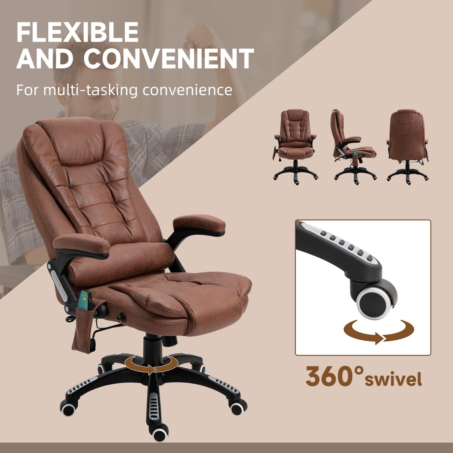 Vinsetto Massage Recliner Chair Heated Office Chair with Six Massage Points Microfiber Cloth 360¡ Swivel Wheels Brown