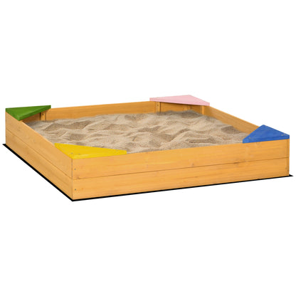 Outsunny Kids Wooden Sand Pit, Children Sandbox, with Four Seats, Non-Woven Fabric, for Gardens, Playgrounds