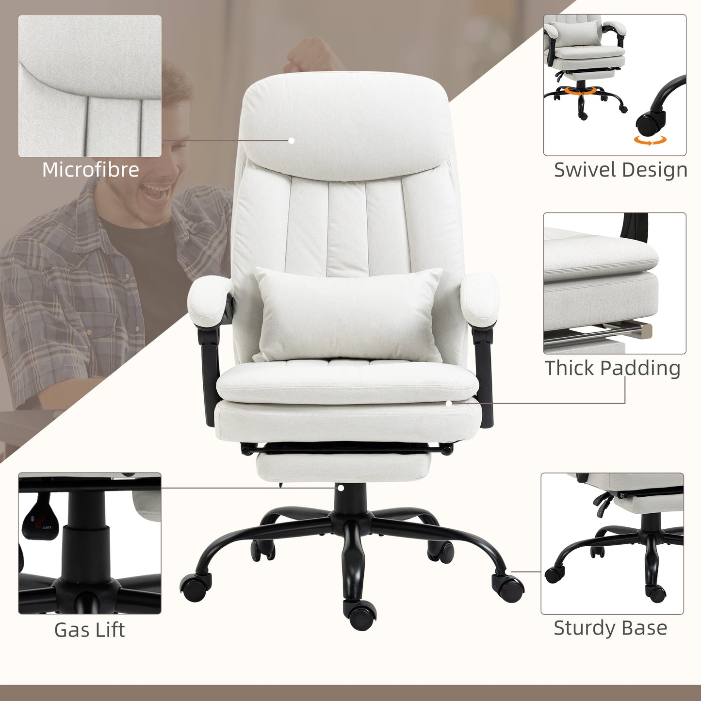 Vinsetto Office Chair, Ergonomic Desk Chair with 6-Point Vibration Massage and Lumbar Heating, Computer Chair with Lumbar Support Pillow, 155¡ Reclining Back and Footrest, Cream White