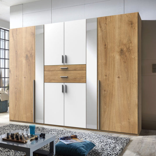 Odense 6 Door Mirrored Wardrobe - White And Planked Oak