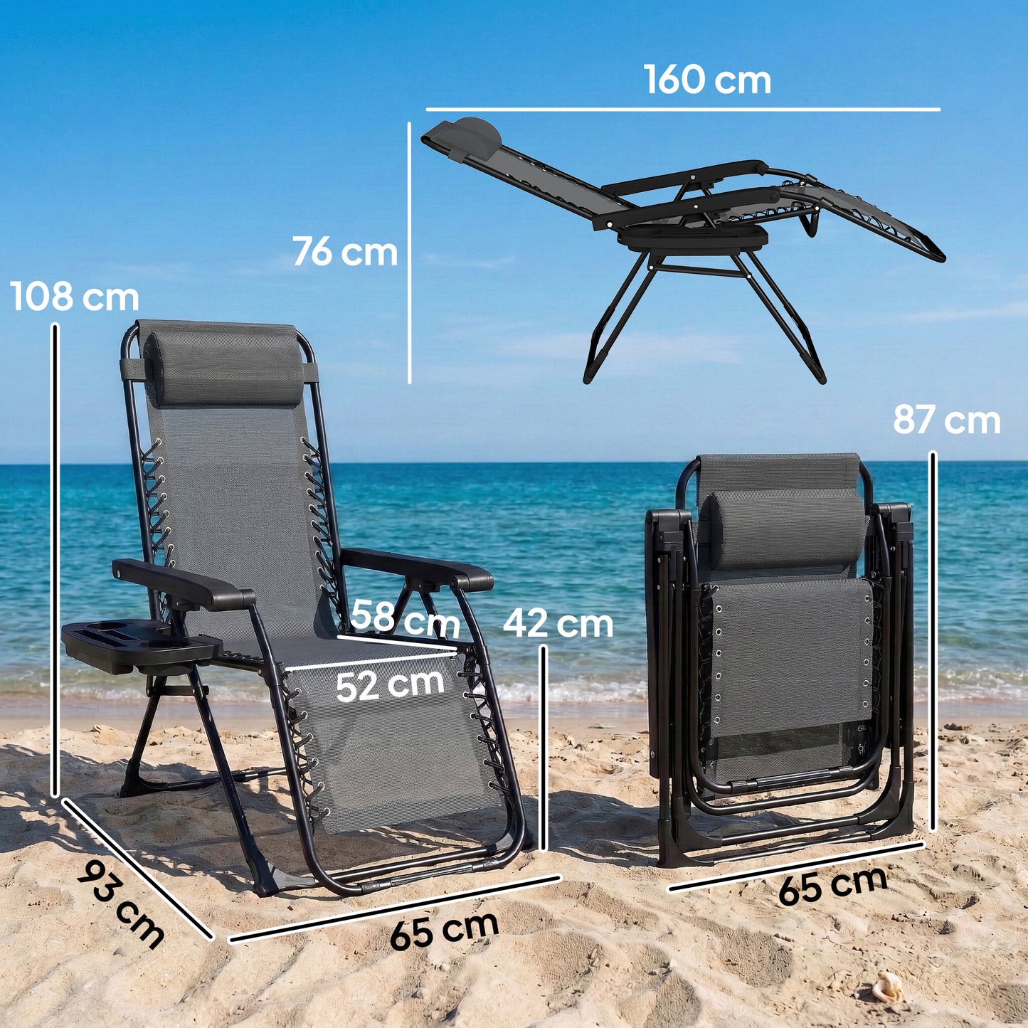 Outsunny Zero Gravity Chair, Folding Sun Lounger Reclining Garden Chair with Arm Pads, Cushion, Cup Holder, Headrest, Light Grey