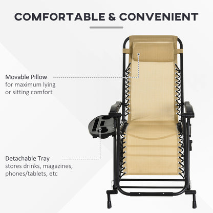 Outsunny Garden Rocking Chair Folding Recliner Outdoor Adjustable Sun Lounger Rocker Zero-Gravity Seat with Headrest Side Holder Patio Deck - Beige