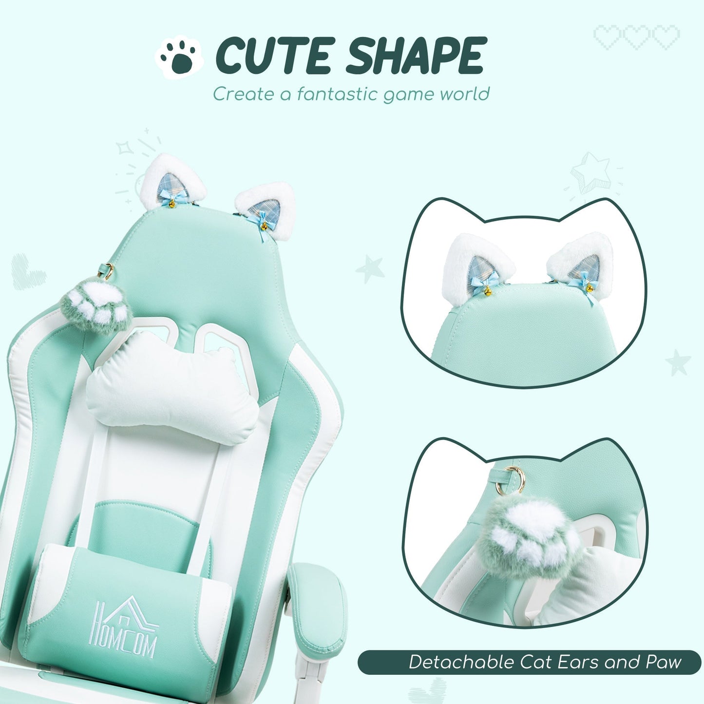 HOMCOM Cat Ear and Paw Reclining Office Chair, with Footrest - Light Blue/White
