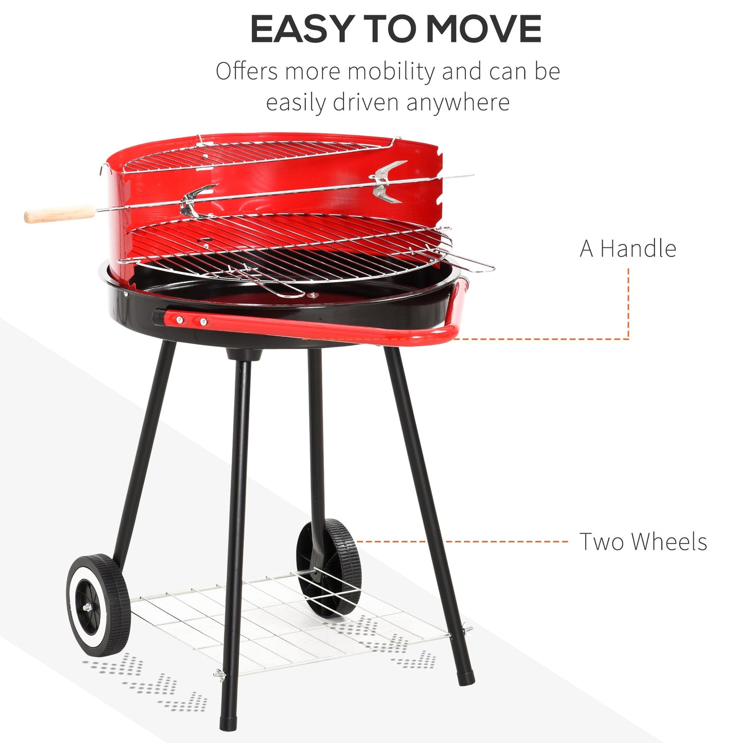 Outsunny Charcoal Outdoor Barbecue Grill, 2 Wheels, size (75.5H x 50L x 82W cm)-Red/Black