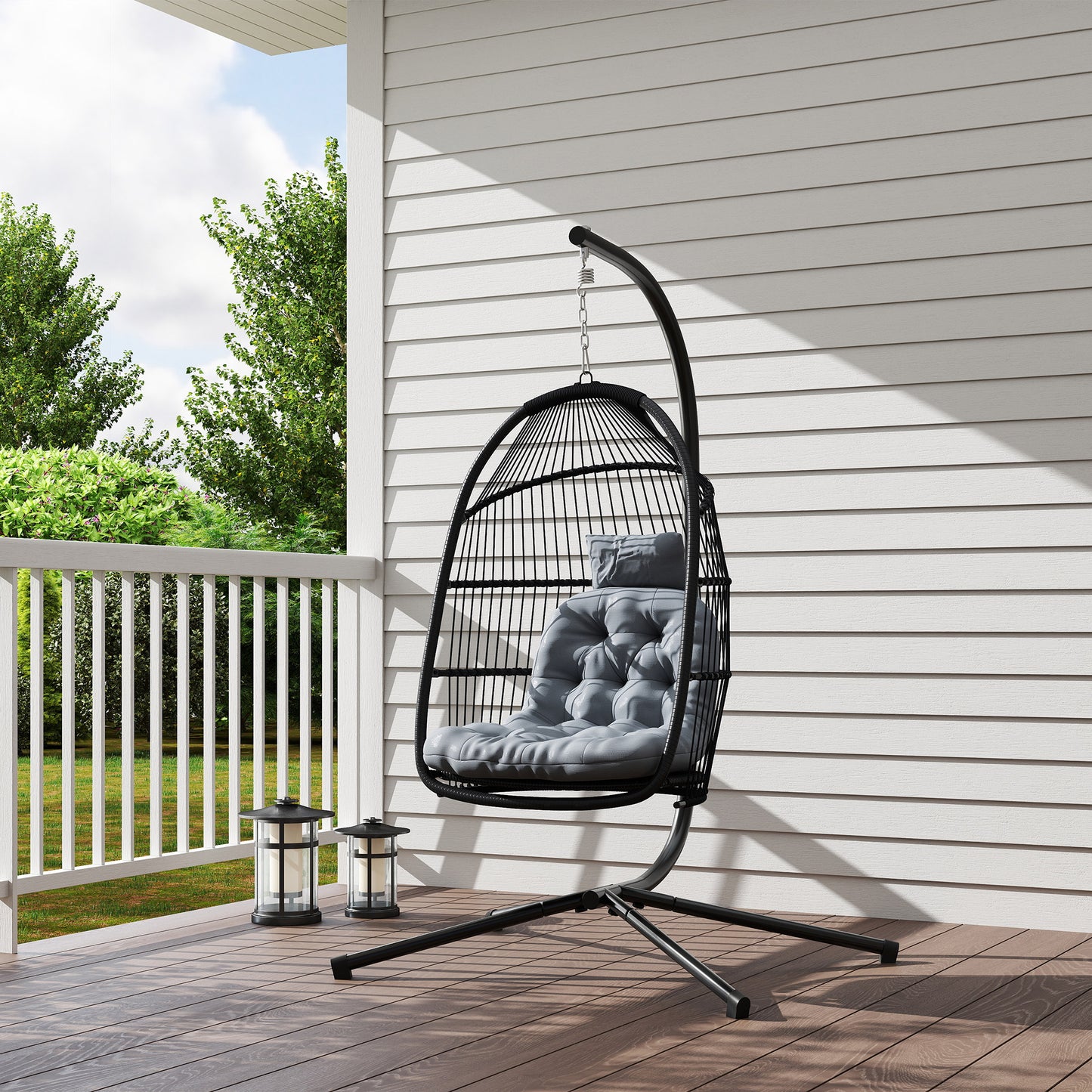 Outsunny Rattan Hanging Egg Chair with Stand, Foldable Wicker Swing Egg Chair with Cushion, Head Pillow, Steel Frame, Hammock Chair for Indoor Outdoor, Capacity 150 kg, Dark Grey
