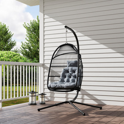 Outsunny Rattan Hanging Egg Chair with Stand, Foldable Wicker Swing Egg Chair with Cushion, Head Pillow, Steel Frame, Hammock Chair for Indoor Outdoor, Capacity 150 kg, Dark Grey