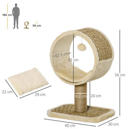 شجرة قطط PawHut بطول 56 سم للقطط المنزلية، مع عمود خدش ونفق وكرة لعبة - بيج