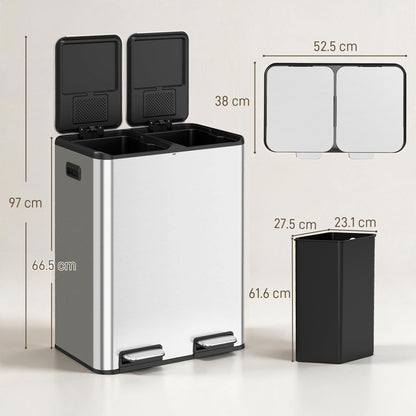 HOMCOM 2 x 30L Double Kitchen Bin, Stainless Steel Pedal Rubbish Bin with Dual Compartments, Soft Close Lids, Silver Tone