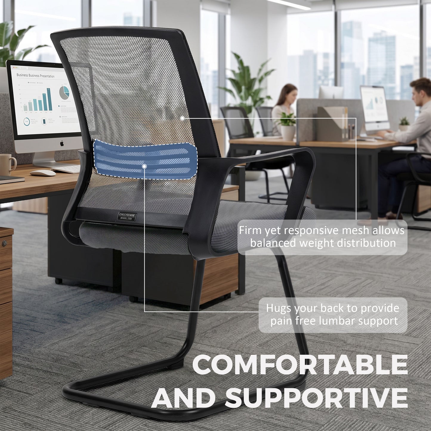 HOMCOM Padded Meeting Office Chair, Ergonomic Desk Chair No Wheels with Sled Base for Bedroom, Waiting, Reception, Dark Grey