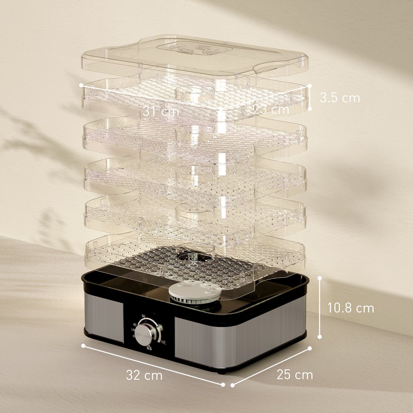 HOMCOM 5 Tier Food Dehydrator, 245W Stainless Steel Food Dryer Machine with Adjustable Temperature for Drying Fruit, Meat, Vegetable, Jerky and Pet Treat, Black