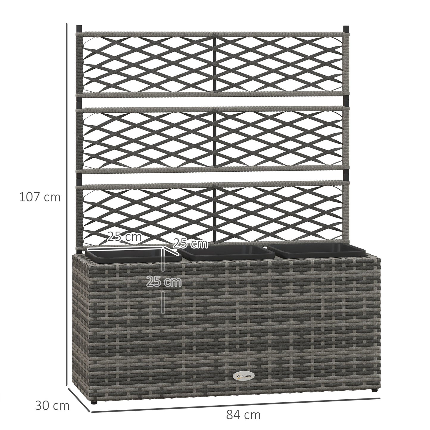 Outsunny 33L Garden PE Rattan Planter with Trellis, Free Standing Flower Raised Bed for Garden, Garden Planter for Climbing Plants, 84cm x 30cm x 107cm, Light Grey