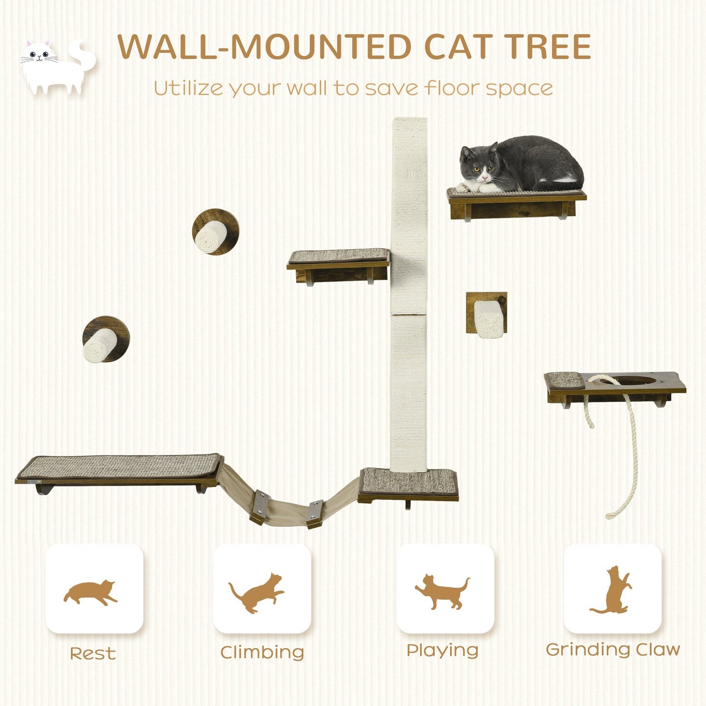 PawHut 8 Piece Wall Mounted Cat Tree with Scratching Posts, Perches, Ladder, for Sleeping, Playing, Lounging, Brown