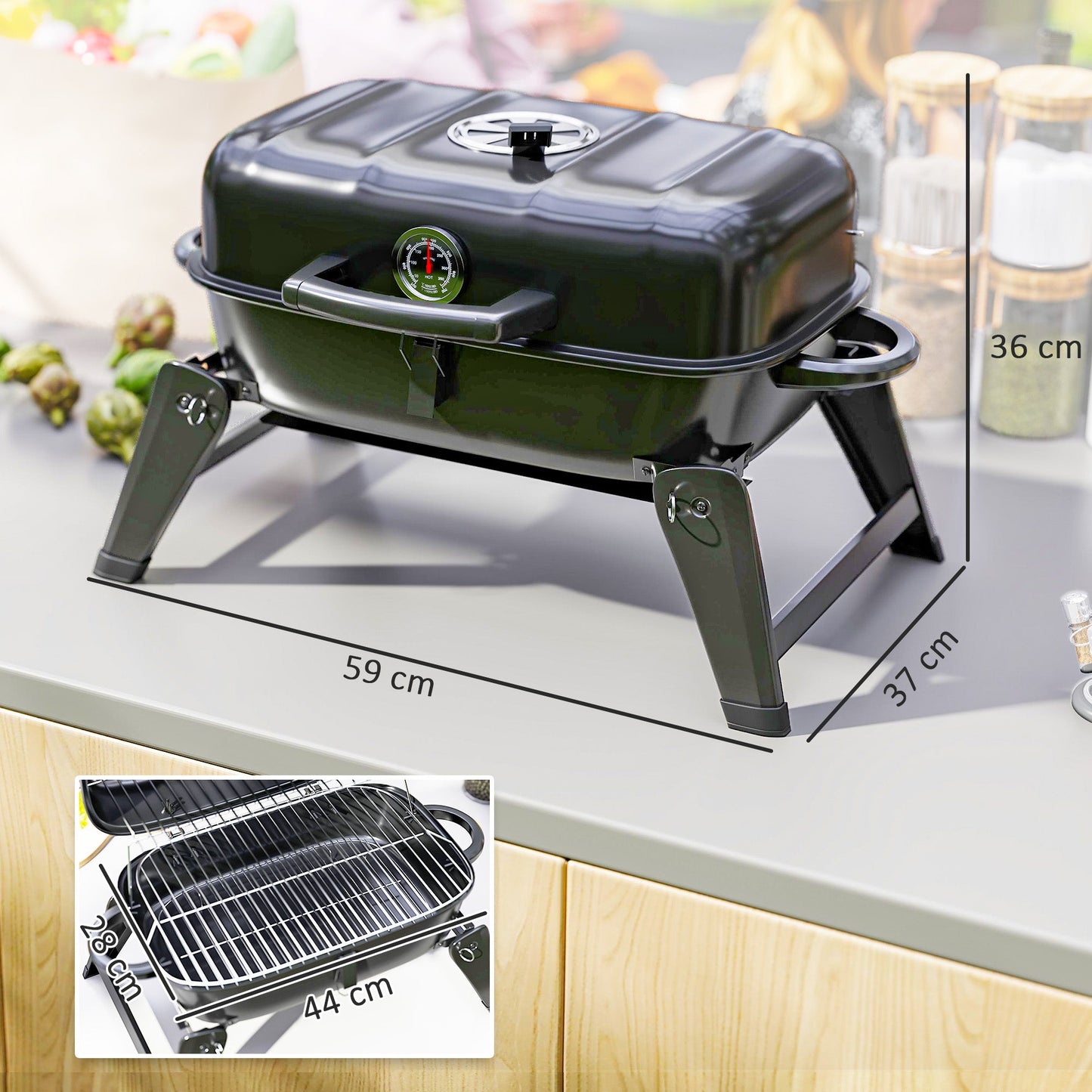 Outsunny Charcoal Barbecue Grill Folding BBQ Grill with 1232 cm√Ç¬≤ Cooking Area, Adjustable Vent, Thermometer, Handles for Camping Picnic, Black