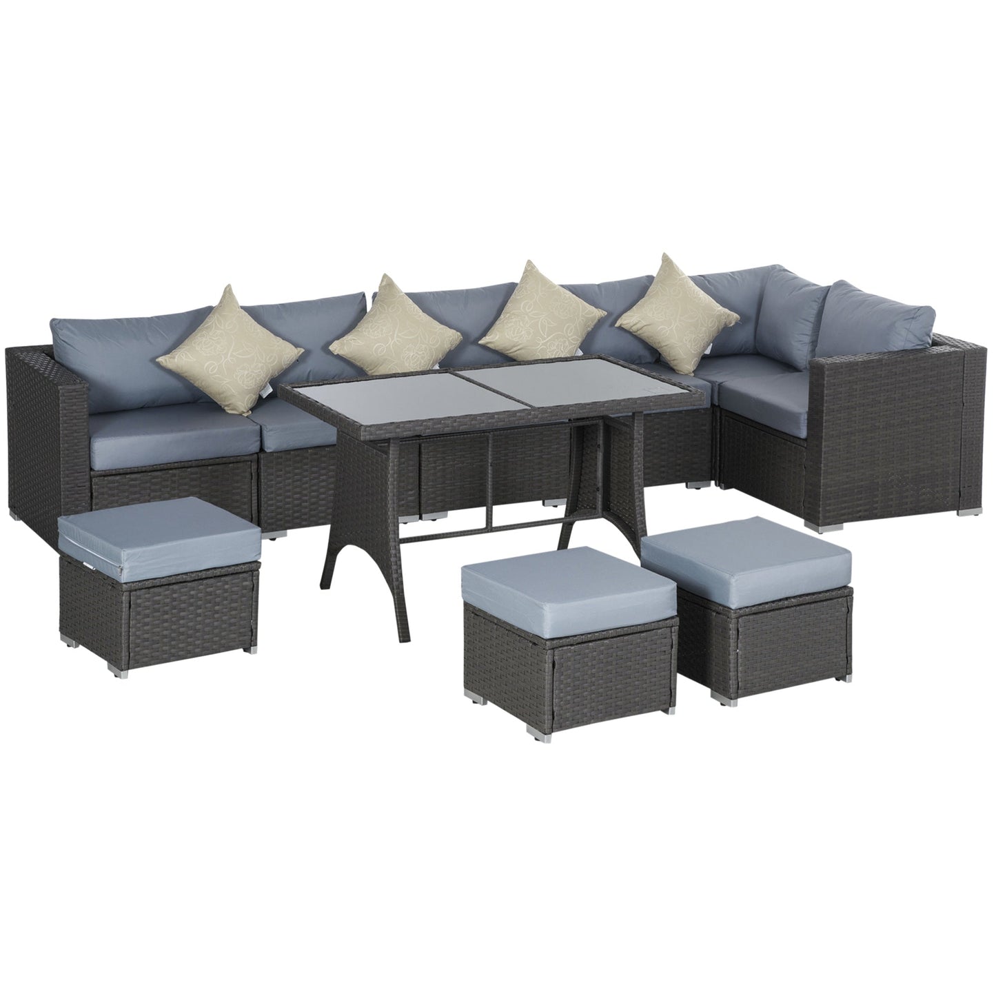 Outsunny 9-Seater Garden Rattan Furniture 10 Pcs Rattan Corner Dining Sofa Set, Grey/Dusty Blue Cushion