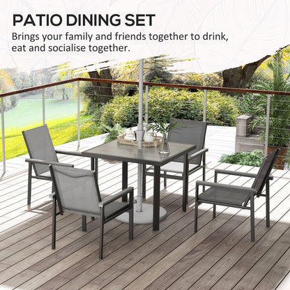 5 Piece Garden Set With Glass Top Dining Table, Outdoor Umbrella Hole And 4 Armchairs With Breathable Mesh Fabric Seats - Grey